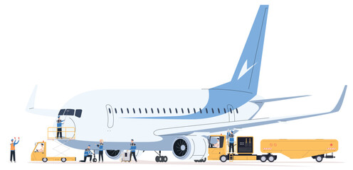 A team of aircraft maintenance workers. Preparing the plane for flight. Airline ground staff. Vector illustration