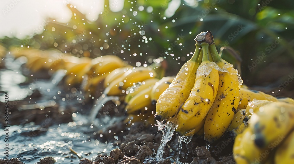 Poster People picking Cavendish bananas in a plantation with a focus on the fruit being splashed with water for a refreshing effect. Stock Photo with copy space