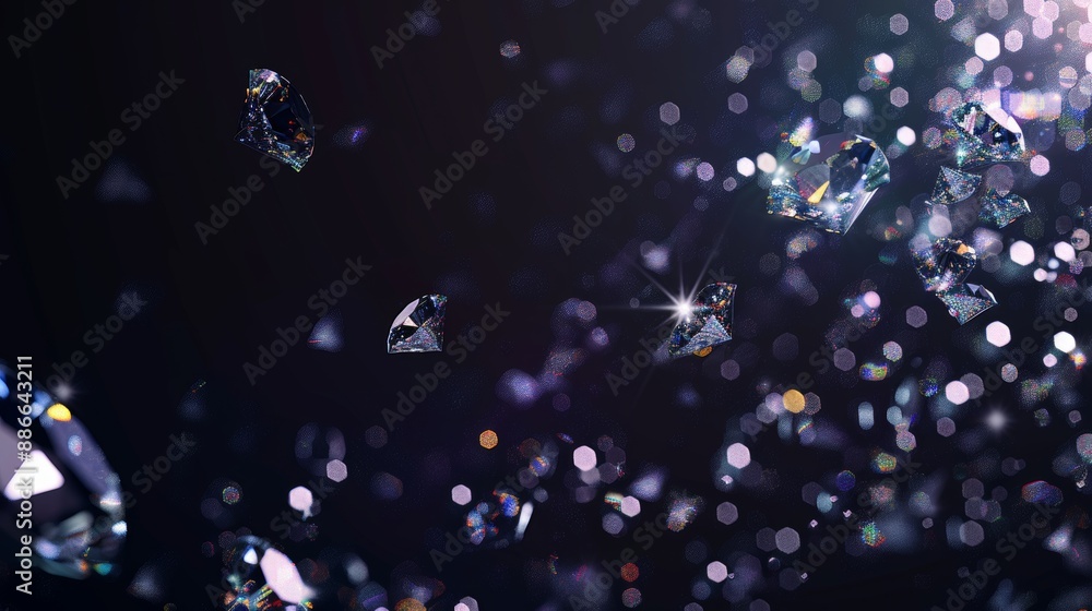 Poster shimmering diamonds cascade against a dark backdrop, surrounded by bokeh lights, creating a luxuriou