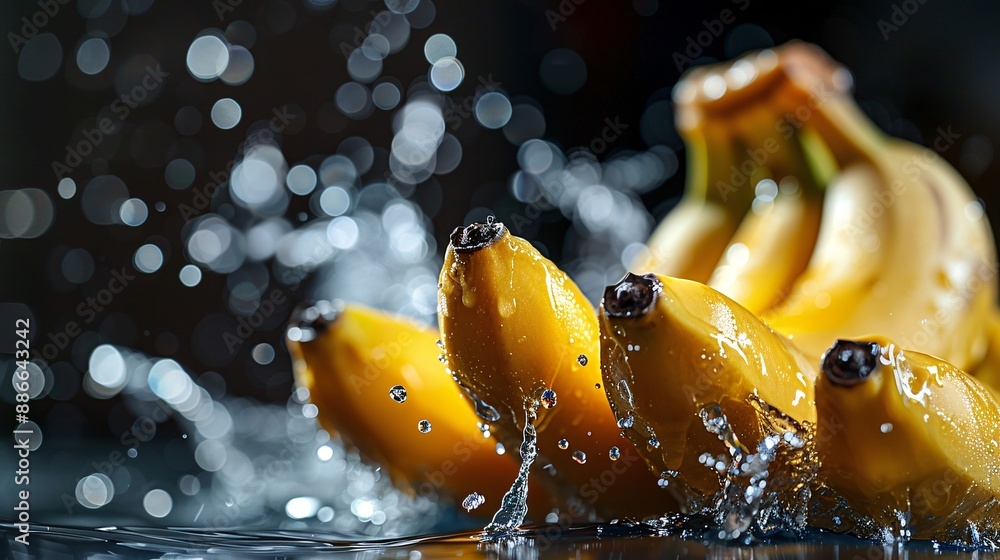 Poster whole plantain bananas floating and splashing in water against a serene black background stock photo