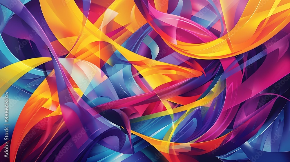 Poster vivid blend of swirling colors and geometric shapes creating a dynamic and energetic abstract backgr