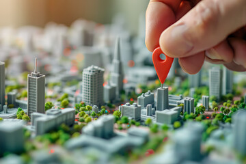 Close-up of hand placing a red location pin on a miniature city model, representing concepts of urban planning, navigation, real estate, and city exploration