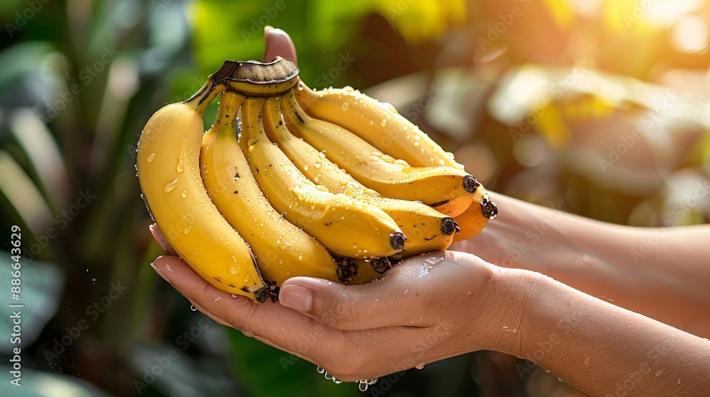 Poster people picking plantain bananas in an orchard with water splashing effect to highlight the freshness