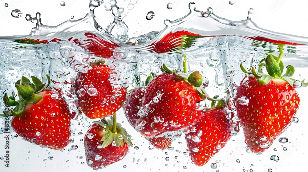 Poster whole garden strawberries splashing into clear water with vibrant red color against a white backgrou