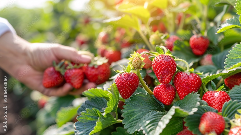 Aufkleber fresh strawberries being picked by hand in a sunny strawberry field with bright green leaves and red