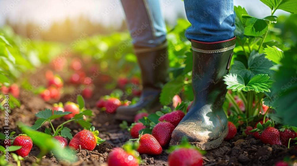 Aufkleber fresh strawberries being picked by hand in a sunny strawberry field with bright green leaves and red