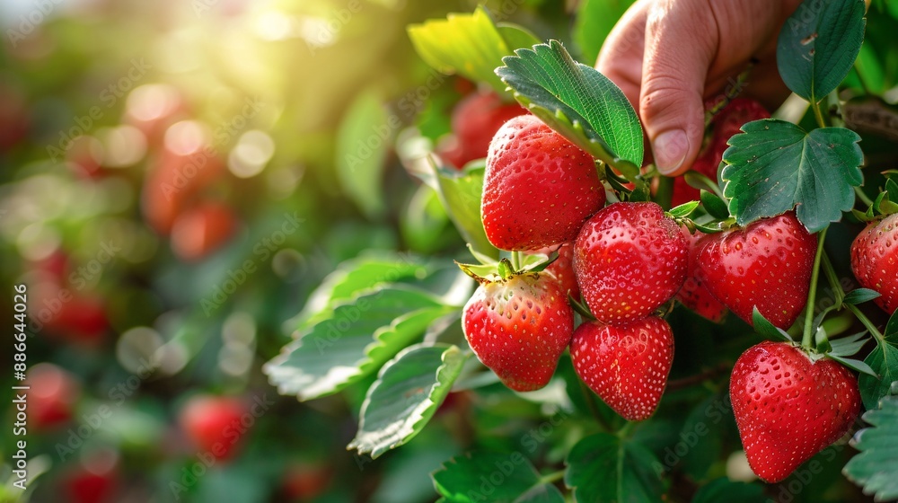 Aufkleber fresh strawberries being picked by hand in a sunny strawberry field with bright green leaves and red