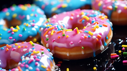 Colorful donuts in neon colors. Dark background with a close-up.