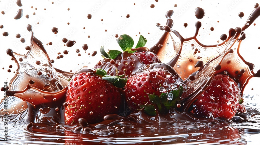 Poster close up of garden strawberries dipped in rich chocolate creating a mouth-watering splash effect aga