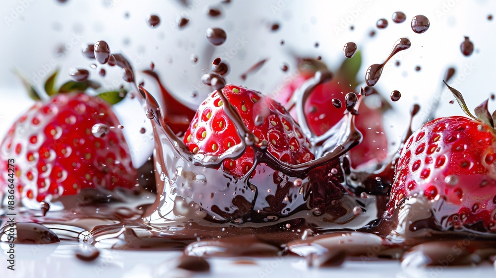 Aufkleber close up of garden strawberries dipped in rich chocolate creating a mouth-watering splash effect aga