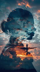 Obraz premium Ethereal Double Exposure: Silhouette of Pilot and Airplane Merging in Dramatic Skyline Photography