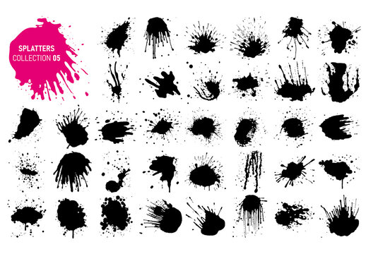 Vector black ink drops and paint splashes. Hand drawn design elements isolated on white background