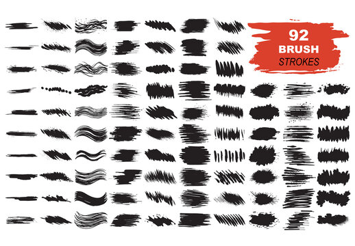 Vector collection of black watercolor brush strokes and splatters isolated on white background.