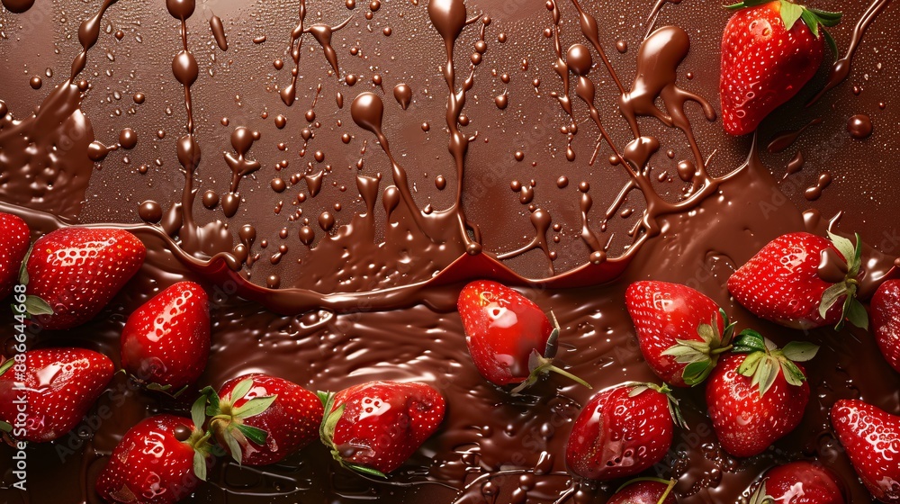 Poster people savoring strawberries dipped in chocolate with a splash effect to emphasize the indulgence an