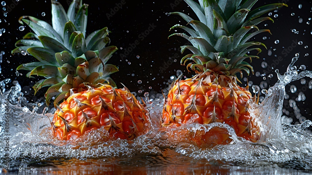 Poster close up of red spanish pineapple slices making a dynamic splash in water with droplets frozen mid-a