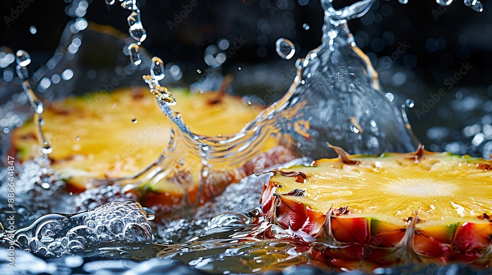 Poster close up of red spanish pineapple slices making a dynamic splash in water with droplets frozen mid-a