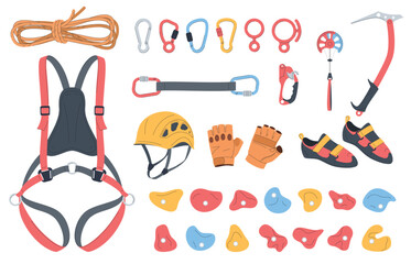 A set of professional mountaineering equipment. Equipment for climbing high mountain tops, high-altitude works. Safety equipment for work at height. Vector illustration