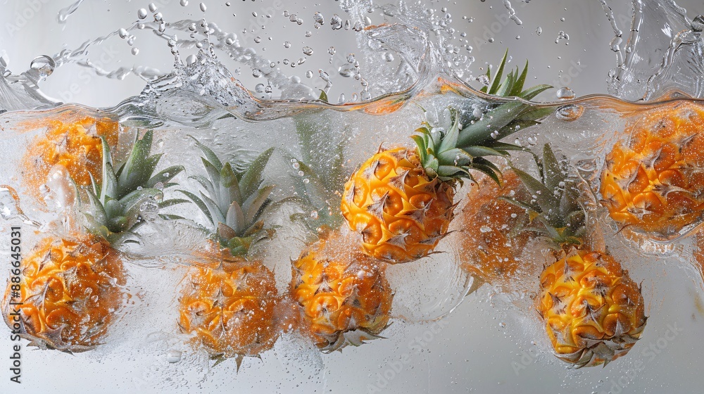 Poster a basket of whole smooth cayenne pineapples making a big splash in water captured with high-speed ph