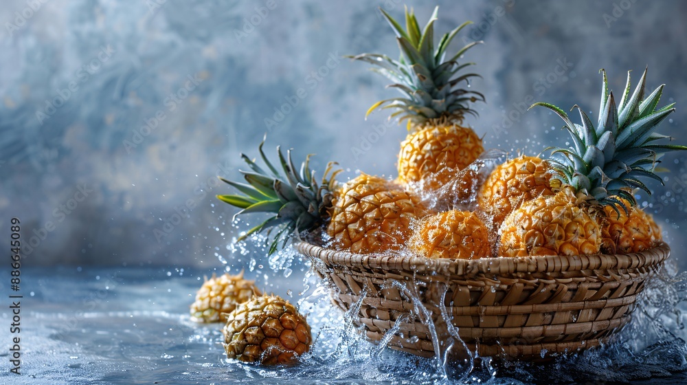 Poster a basket of whole smooth cayenne pineapples making a big splash in water captured with high-speed ph