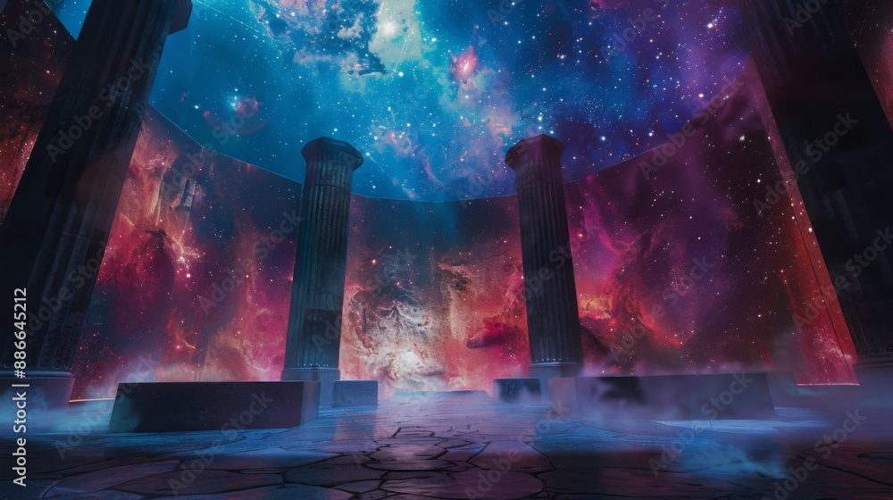 Poster a large, open chamber with four pillars, lit by a colorful nebula projected on the walls. a faint fo