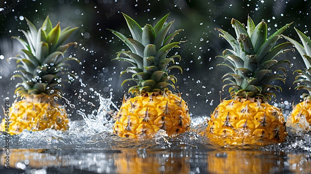 Poster whole pineapples floating and splashing in water against a serene black background emphasizing their