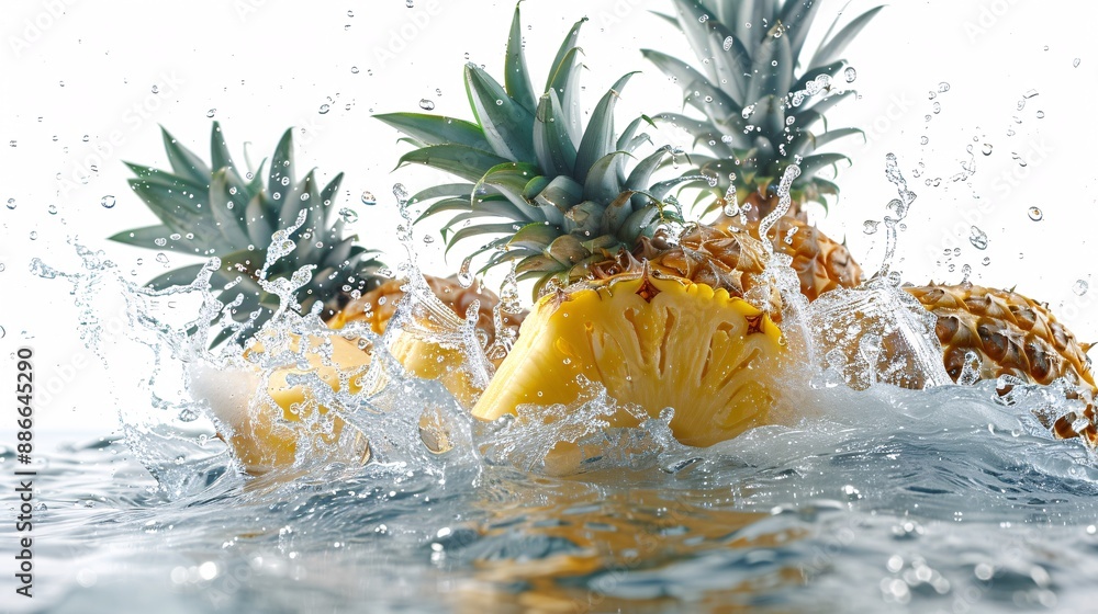 Poster close up of pineapples being sliced for cocktails with a splash effect against a white background hi