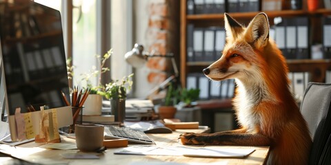A fox is sitting at a desk in a modern office setting using a computer, with plants and office supplies around.