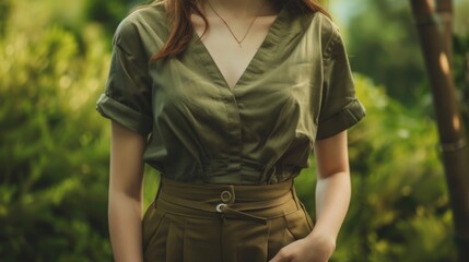 portrait of a woman wearing a brown shirt with a natural background