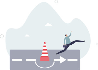 Overcome business obstacle, blocker, effort to break through road block, solution to solve business problem concept.flat design.illustration with people.