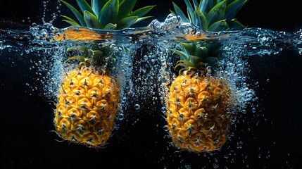 Whole pineapples floating and splashing in water against a serene black background emphasizing their freshness Stock Photo with copy space