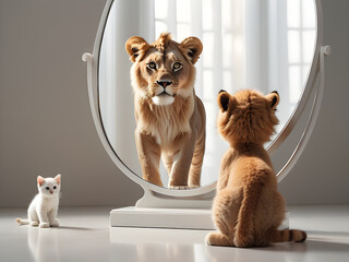 A small cat and kitten sat looking in the mirror, but the reflection in the mirror was a mighty and majestic lion.