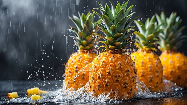 A cluster of freshly picked pineapples being washed with splashes of water against a black background highlighting their natural appeal Stock Photo with copy space