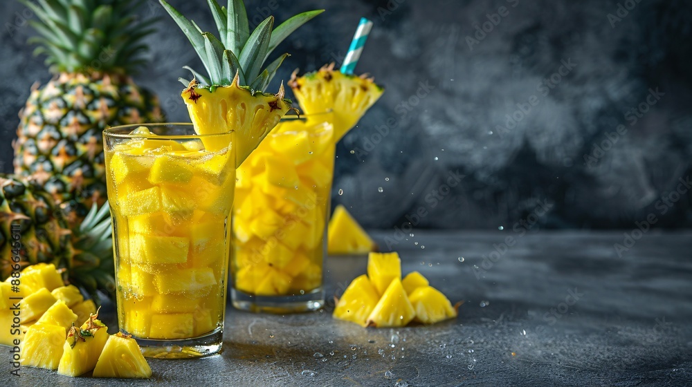 Poster people enjoying pineapple cocktails with slices making a splash effect to emphasize the freshness an