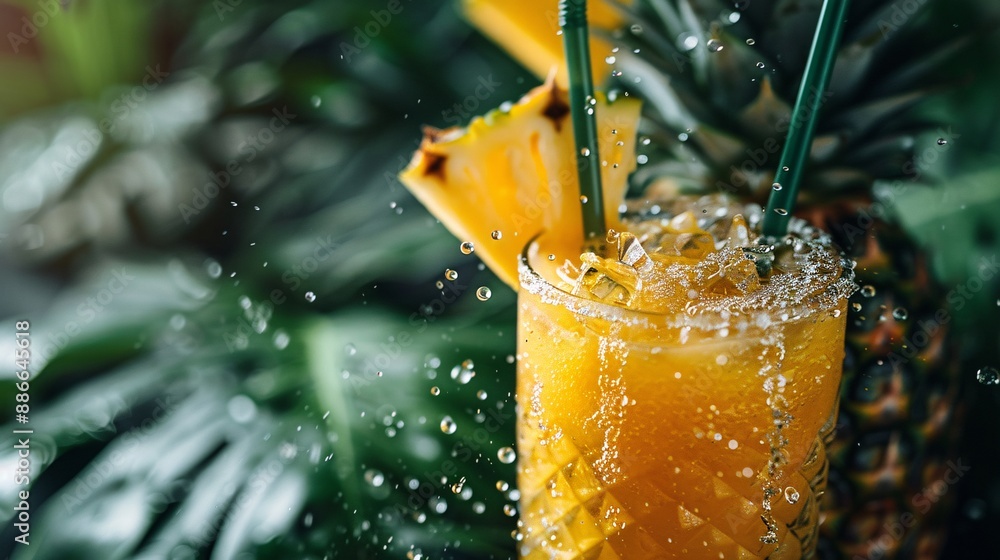 Poster people enjoying pineapple cocktails with slices making a splash effect to emphasize the freshness an