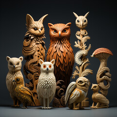 Fototapeta premium wooden carved statue of human animals buildings and nature