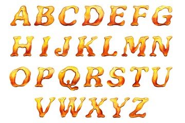 Vibrant orange watercolor uppercase alphabet illustration featuring organic shapes and soft gradients. Ideal for creative design projects, educational materials, and artistic decorations