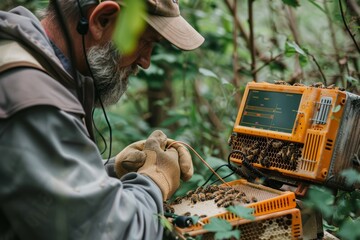 Beekeeper Using Digital Equipment to Monitor Hive Health in Apiary, Close Up on Advanced Device