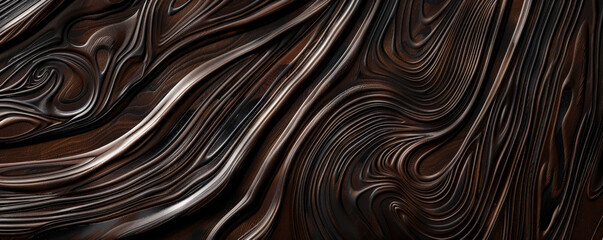 A detailed shot of dark walnut wood paneling with a polished, glossy surface. The swirling grain patterns and dark hues exude sophistication and luxury.