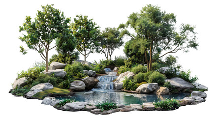 Winding river flowing through green picturesque landscape, cut out