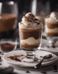 rich tiramisu served in a crystal glass with a dusting of cocoa powder
