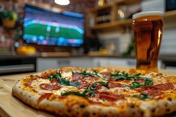 Beer and pizza in the bar. football match tv background
