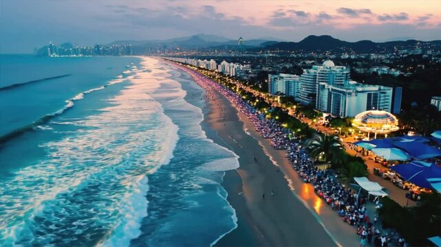 Drone view of beach with waves and clear sea water. Romblon Island. Romblon, Philippines. Vertical view.
