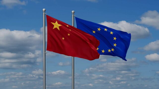 European Union and China flags flying together, video concept of the relationship