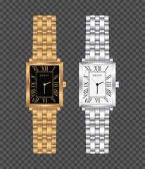 Golden and silver wristwatches with Roman numerals vector