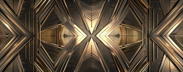 Abstract background showcasing symmetrical lines and geometric shapes in metallic gold and silver, creating a luxurious, elegant pattern with a sense of refinement.