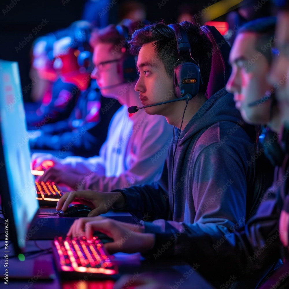 Poster A row of gamers intensely focus on their computer screens, illuminated by colorful lights, as they compete in an esports tournament