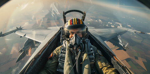 Fototapeta premium Pilot in cockpit flying at high altitude.