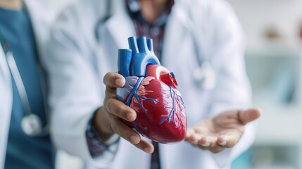 Doctor explaining heart health to a patient using a heart model, symbolizing heart disease awareness, medical consultation, patient care