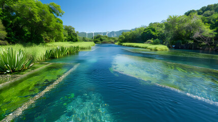 Fototapeta premium The clear water of the spring flows through green fields,