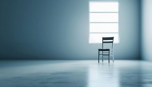 Empty, desolate room with one chair in the center, symbolizing the loneliness of depression, mental health, solitude